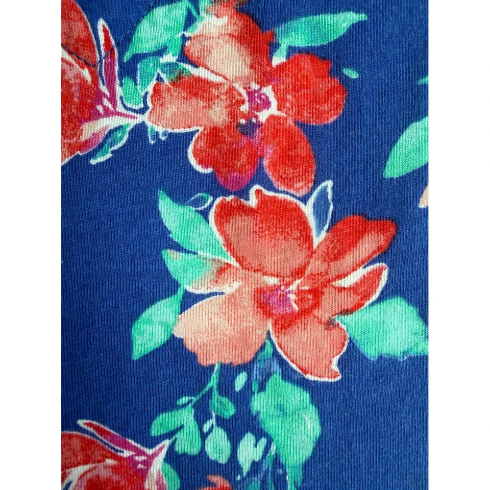 Lands End Blue Floral Cotton Sleeveless Split Neck Shift Dress L 14-16